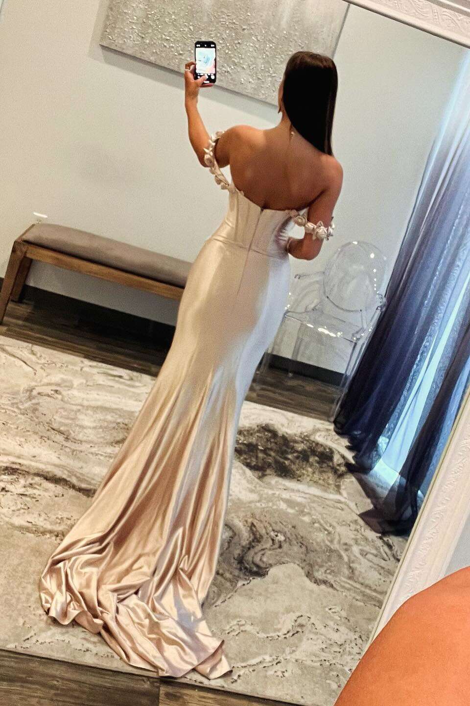 Hot Pink Floral Straps Mermaid Satin Long Prom Dress