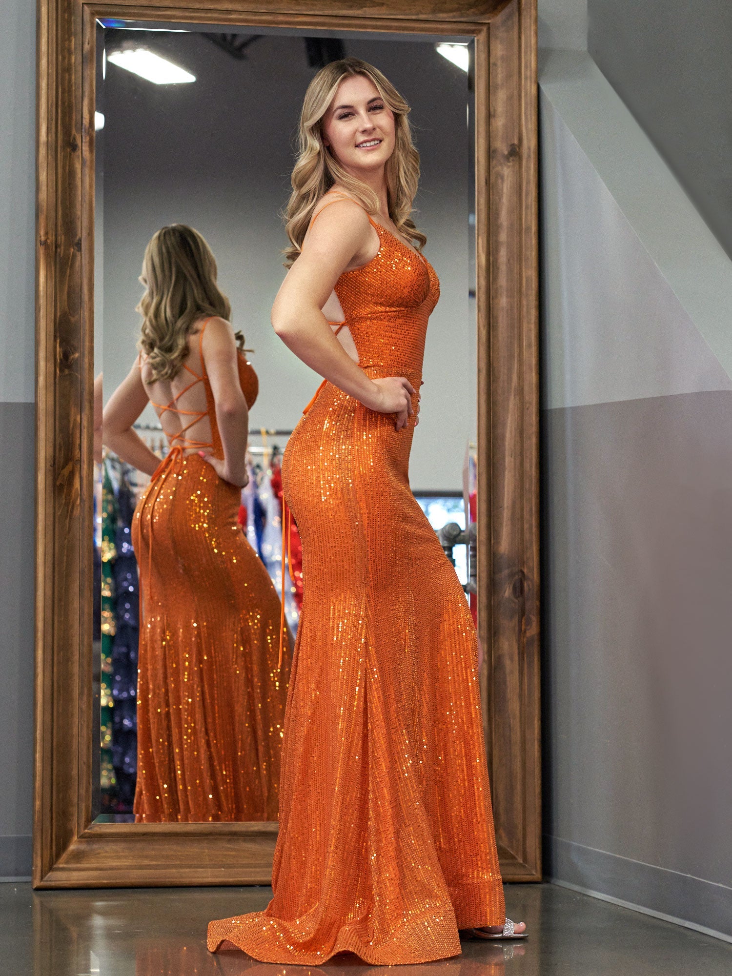 Sparkly Mermaid V Neck Sequins Long Prom Dresses with Slit