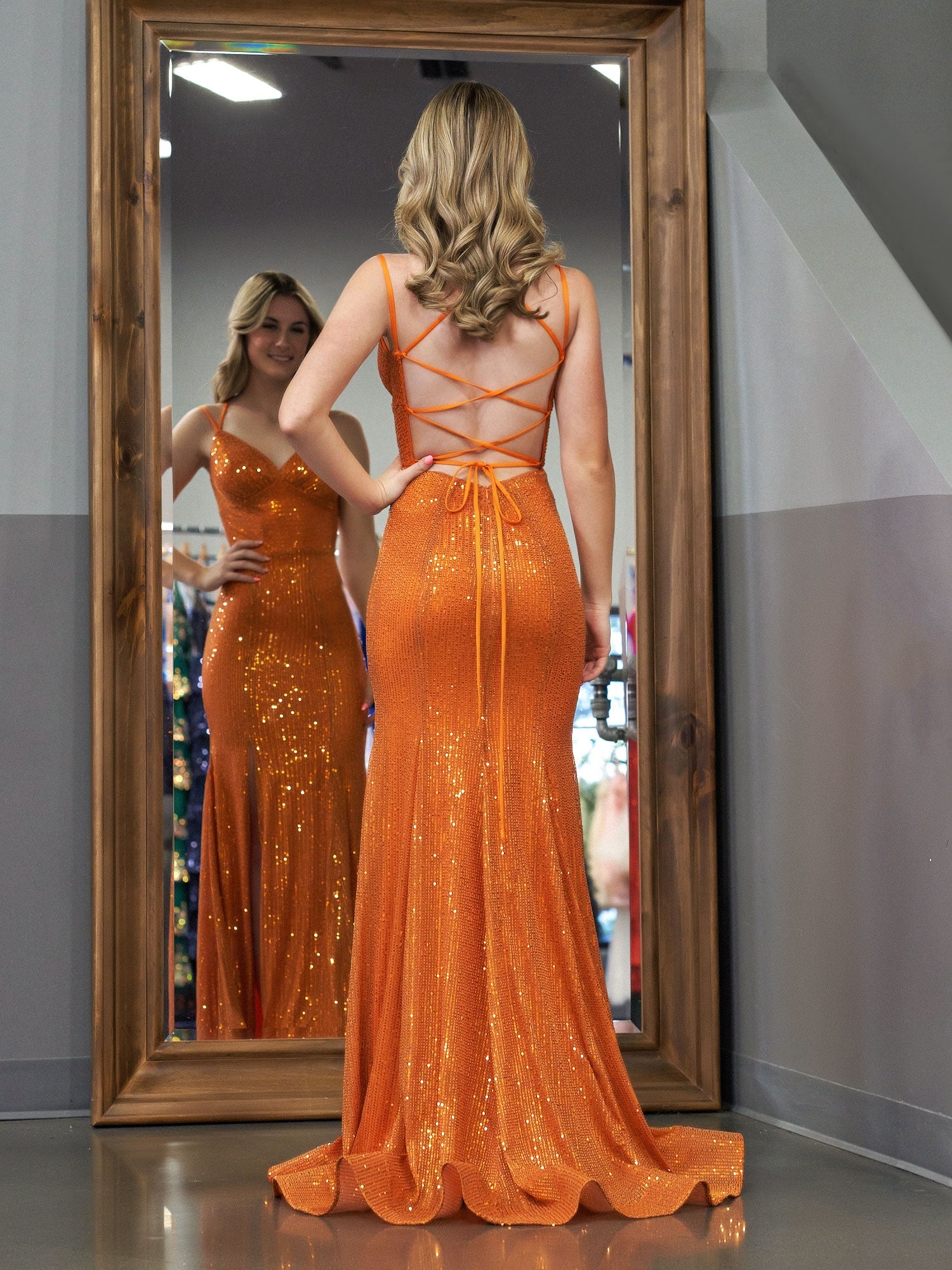 Sparkly Mermaid V Neck Sequins Long Prom Dresses with Slit