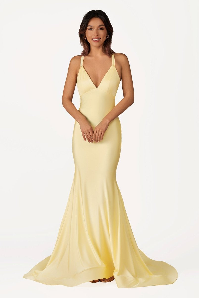 Quaylee | Yellow Mermaid V - Neck Satin Prom Dresses With Tail Evening Dress - KissProm