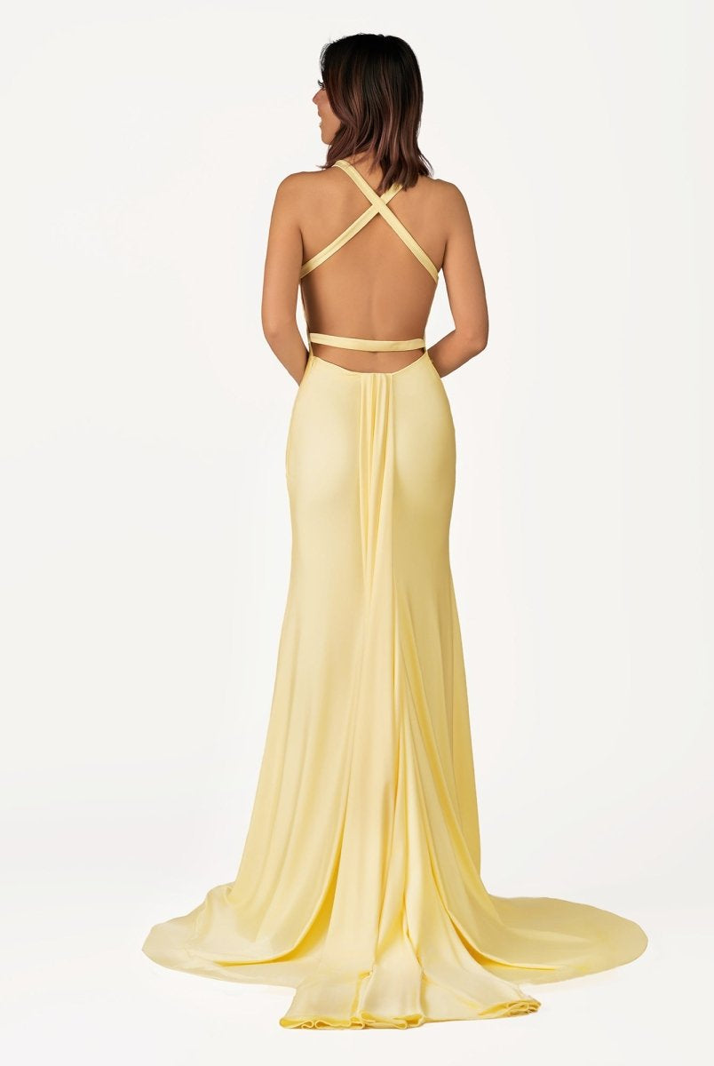 Quaylee | Yellow Mermaid V - Neck Satin Prom Dresses With Tail Evening Dress - KissProm