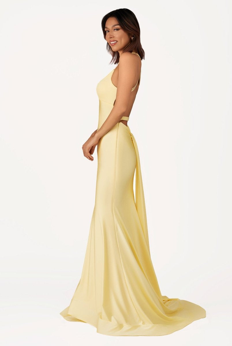 Quaylee | Yellow Mermaid V - Neck Satin Prom Dresses With Tail Evening Dress - KissProm