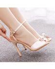 Satin Pearl Peep Toe Stiletto Ankle Strap Buckle Ultra High Heels