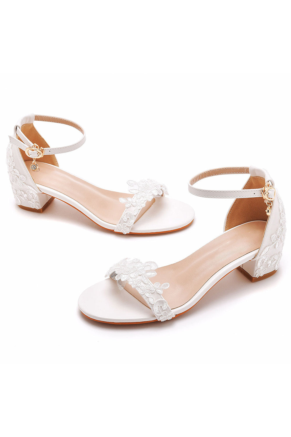 Elegant White Lace Open Toe Ankle-strap Block Heels