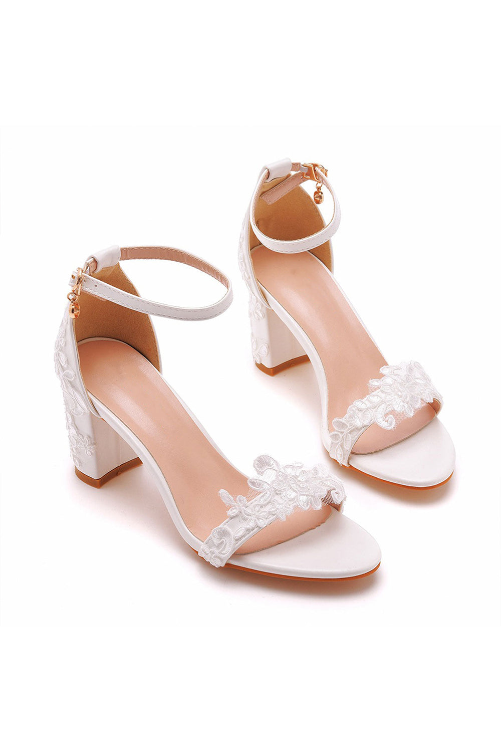 Elegant White Lace Open Toe Ankle-strap Block Heels