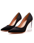 Simple Satin Slip on Pointed Toe Transparent Block Heels