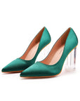 Simple Satin Slip on Pointed Toe Transparent Block Heels