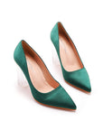 Simple Satin Slip on Pointed Toe Transparent Block Heels