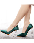 Simple Satin Slip on Pointed Toe Transparent Block Heels