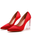 Simple Satin Slip on Pointed Toe Transparent Block Heels