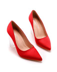 Simple Satin Slip on Pointed Toe Transparent Block Heels