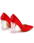 Simple Satin Slip on Pointed Toe Transparent Block Heels