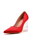 Simple Satin Slip on Pointed Toe Transparent Block Heels