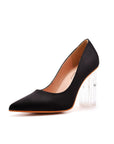 Simple Satin Slip on Pointed Toe Transparent Block Heels