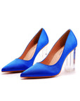 Simple Satin Slip on Pointed Toe Transparent Block Heels