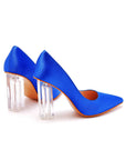 Simple Satin Slip on Pointed Toe Transparent Block Heels