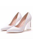 Simple Satin Slip on Pointed Toe Transparent Block Heels