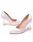 Simple Satin Slip on Pointed Toe Transparent Block Heels