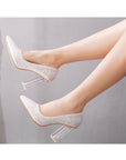 Simple Satin Slip on Pointed Toe Transparent Block Heels