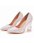 Simple Satin Slip on Pointed Toe Transparent Block Heels