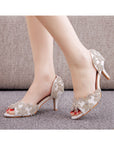 Peep Toe Satin Rhinestone Slip On High Heels