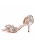 Peep Toe Satin Rhinestone Slip On High Heels