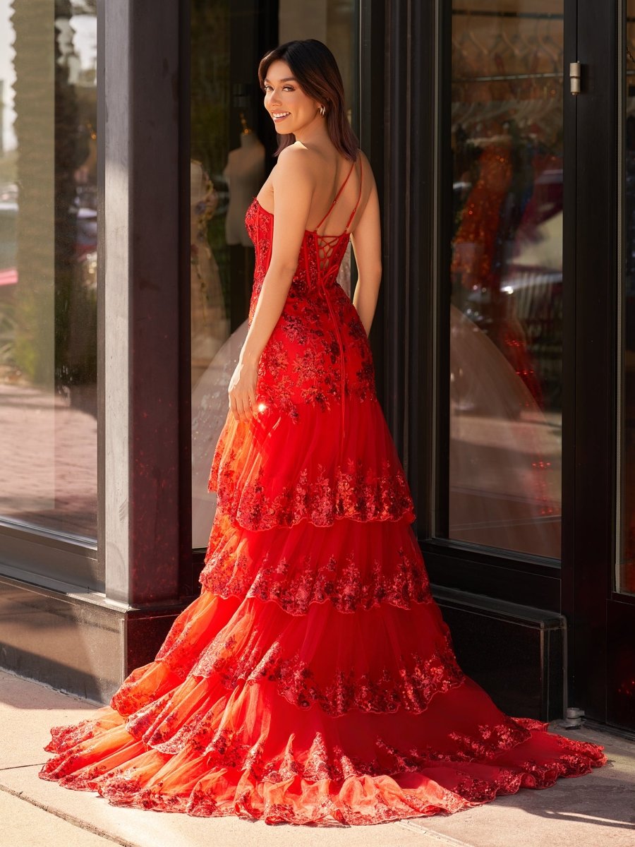 Andrea |Sheath One Shoulder Tiered Lace Long Prom Dress - KissProm