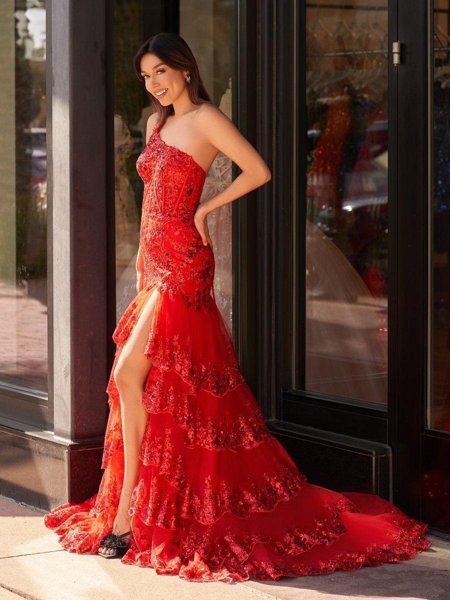 Andrea |Sheath One Shoulder Tiered Lace Long Prom Dress - KissProm