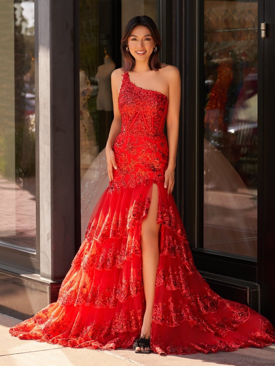 Andrea |Sheath One Shoulder Tiered Lace Long Prom Dress - KissProm