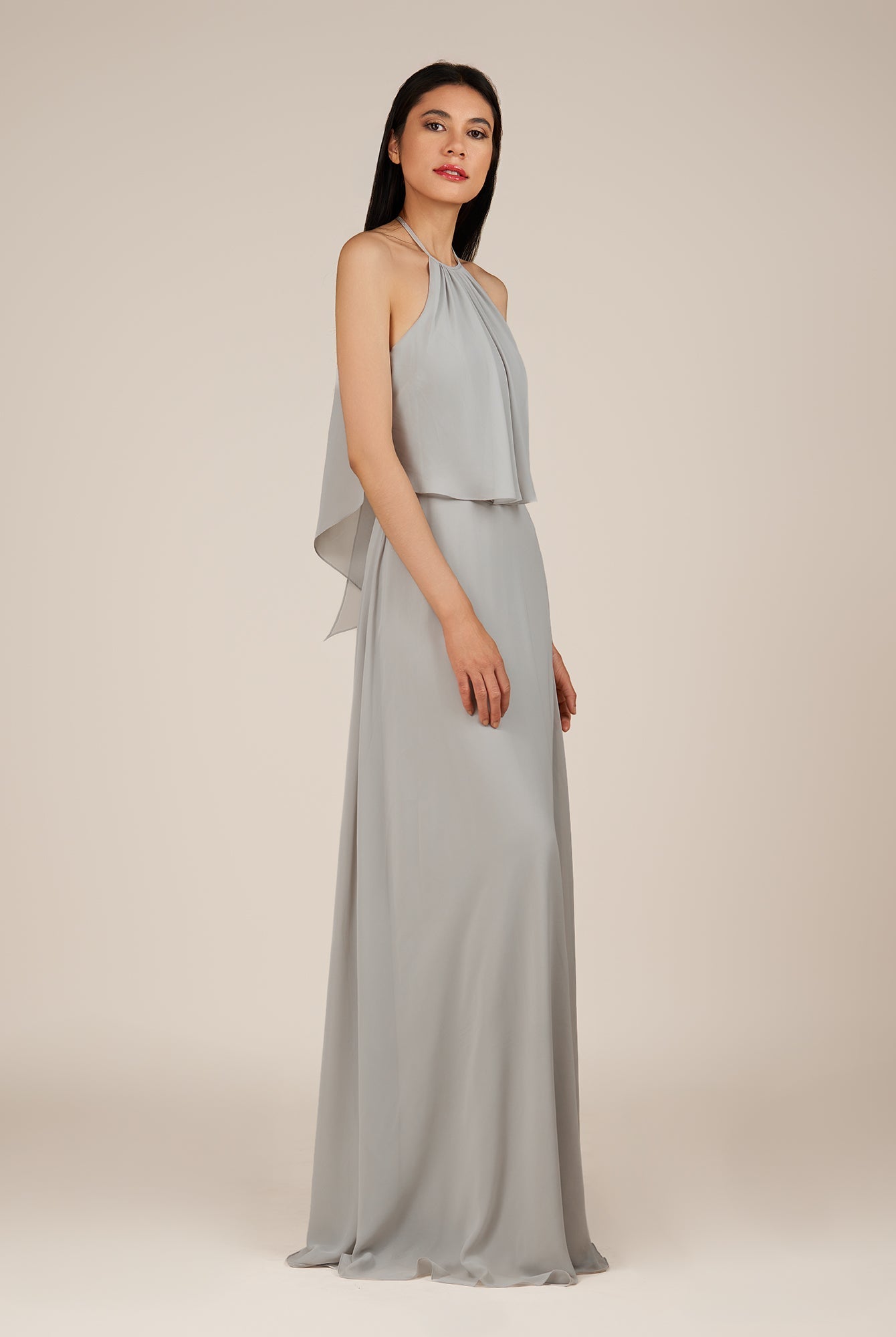 KissDress-Rhoswen Sliver Sheath Chiffon Halter Neck Long Bridesmaid Dress