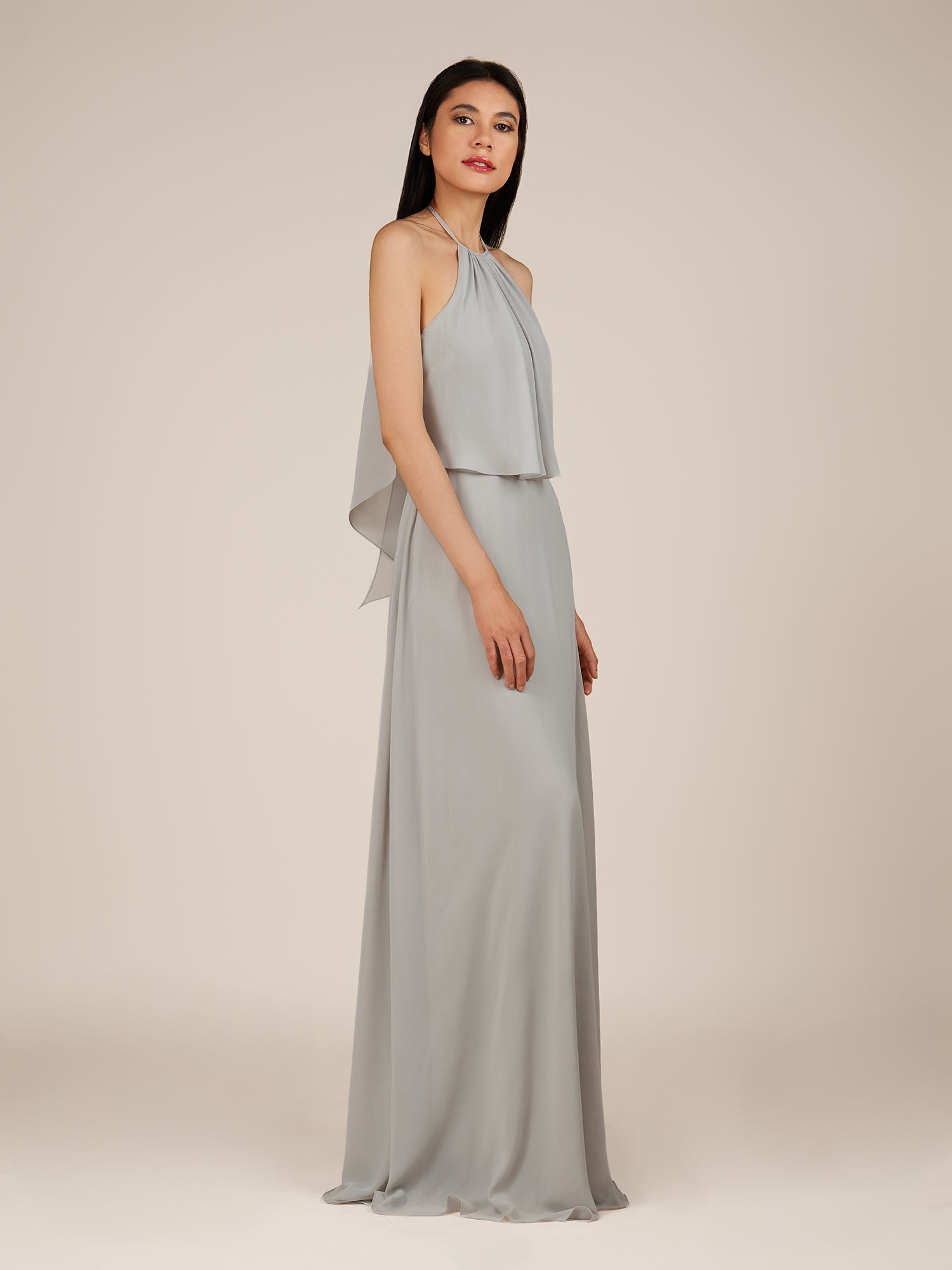 KissDress-Rhoswen Sliver Sheath Chiffon Halter Neck Long Bridesmaid Dress