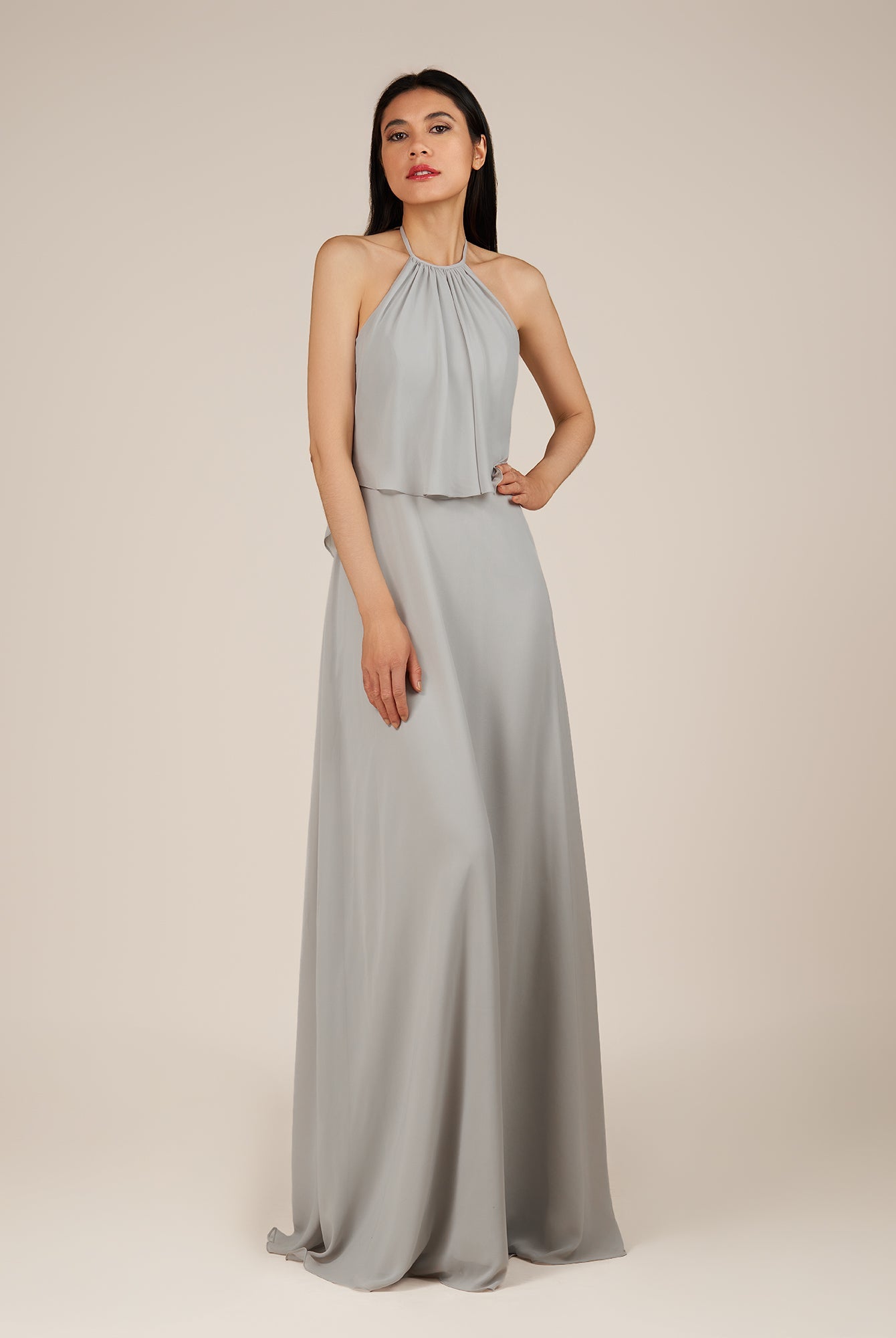 KissDress-Rhoswen Sliver Sheath Chiffon Halter Neck Long Bridesmaid Dress