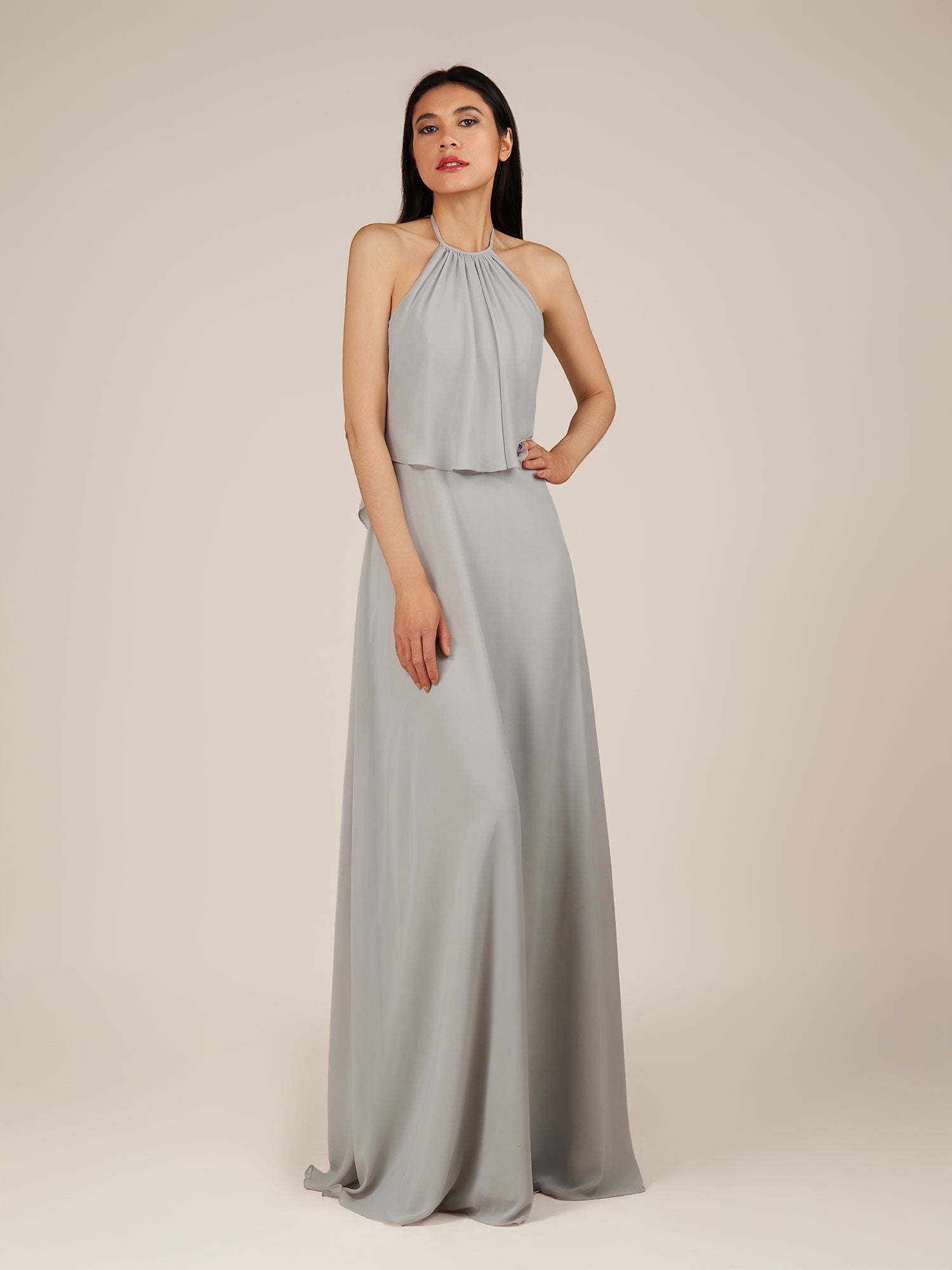 KissDress-Rhoswen Sliver Sheath Chiffon Halter Neck Long Bridesmaid Dress