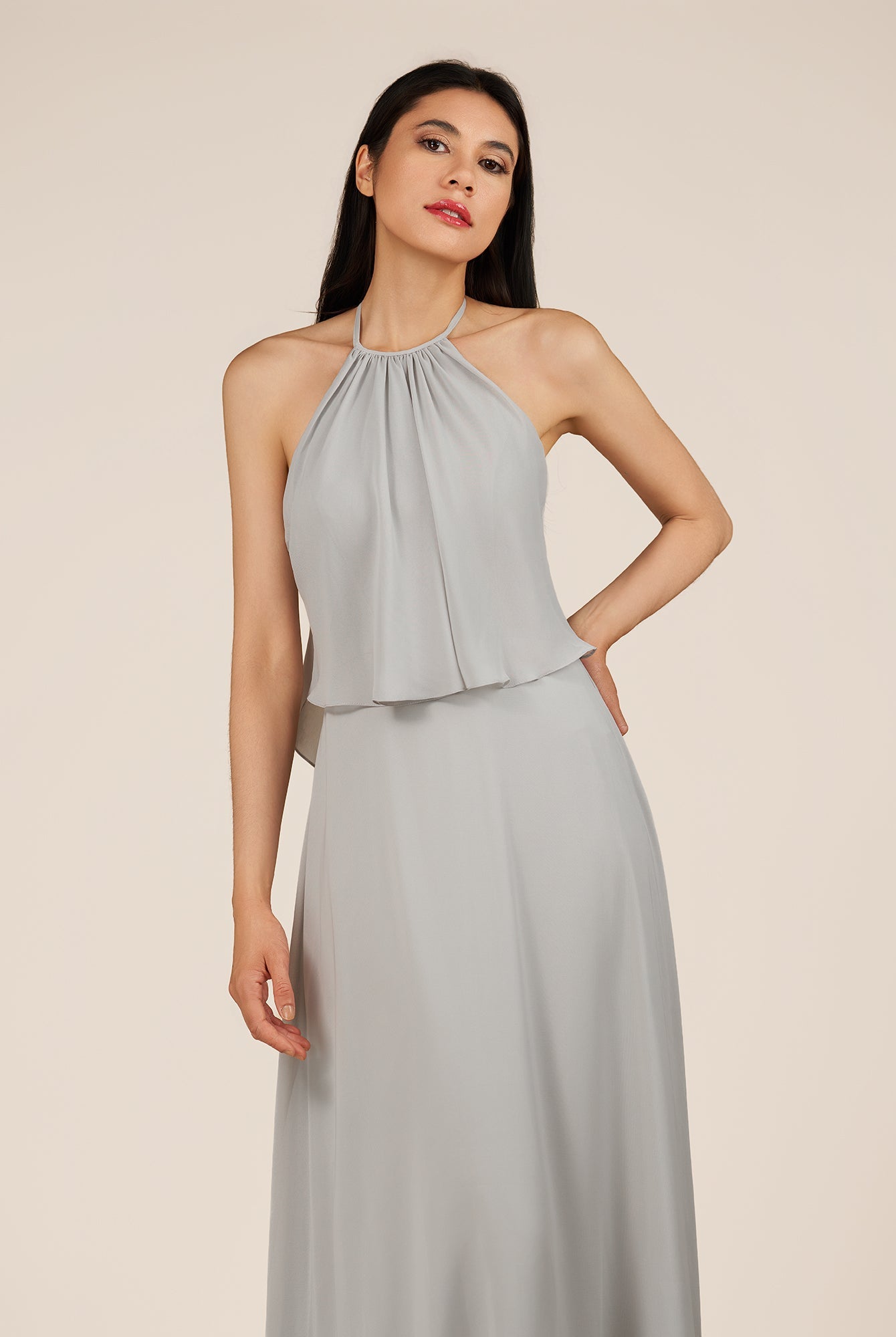 KissDress-Rhoswen Sliver Sheath Chiffon Halter Neck Long Bridesmaid Dress