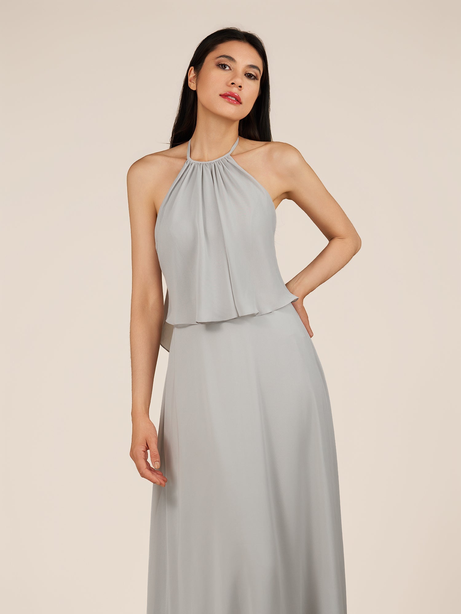 KissDress-Rhoswen Sliver Sheath Chiffon Halter Neck Long Bridesmaid Dress