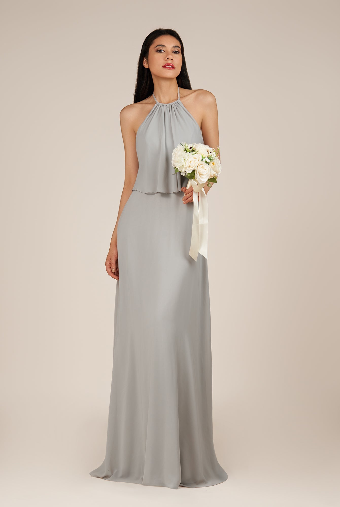 KissDress-Rhoswen Sliver Sheath Chiffon Halter Neck Long Bridesmaid Dress