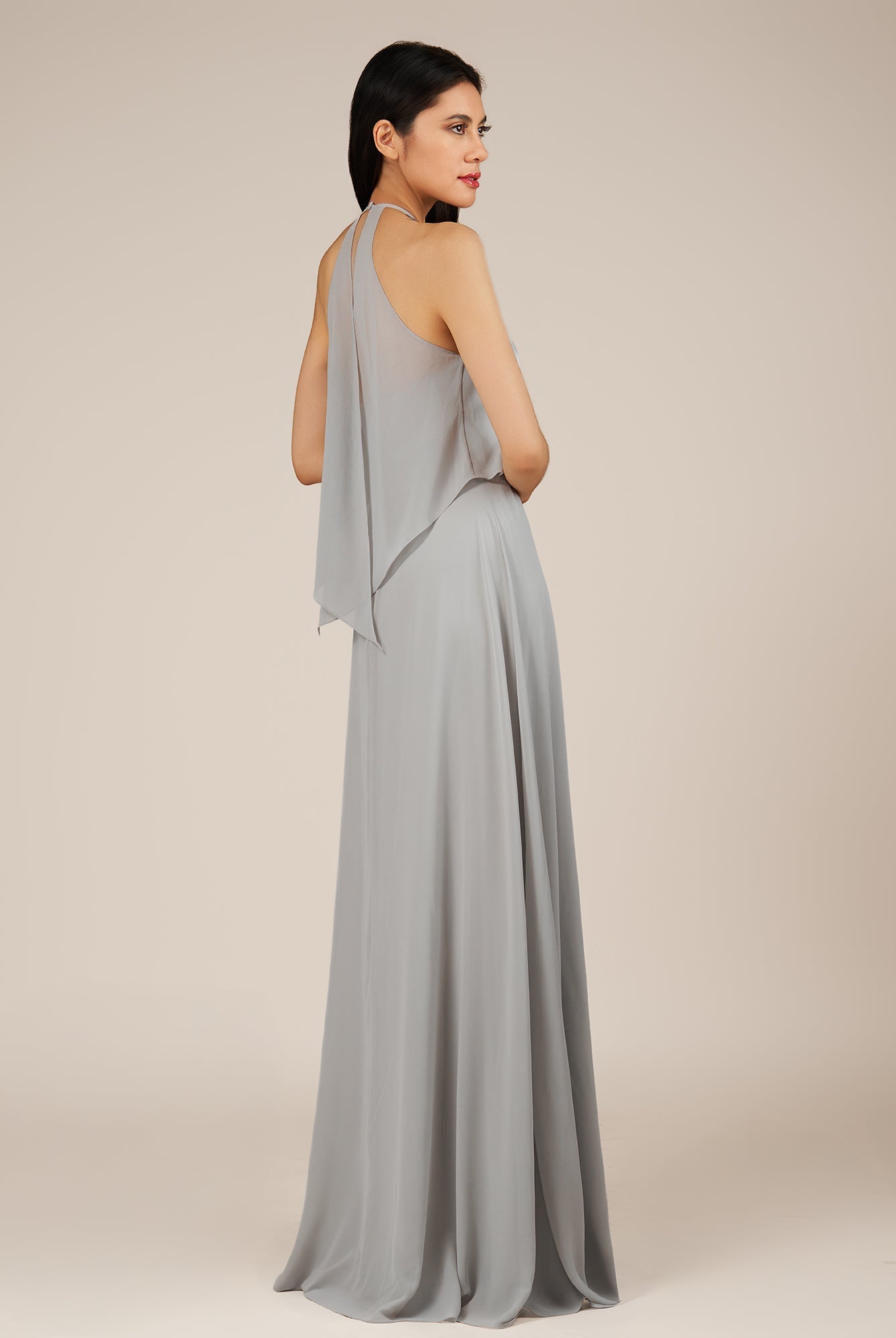 KissDress-Rhoswen Sliver Sheath Chiffon Halter Neck Long Bridesmaid Dress