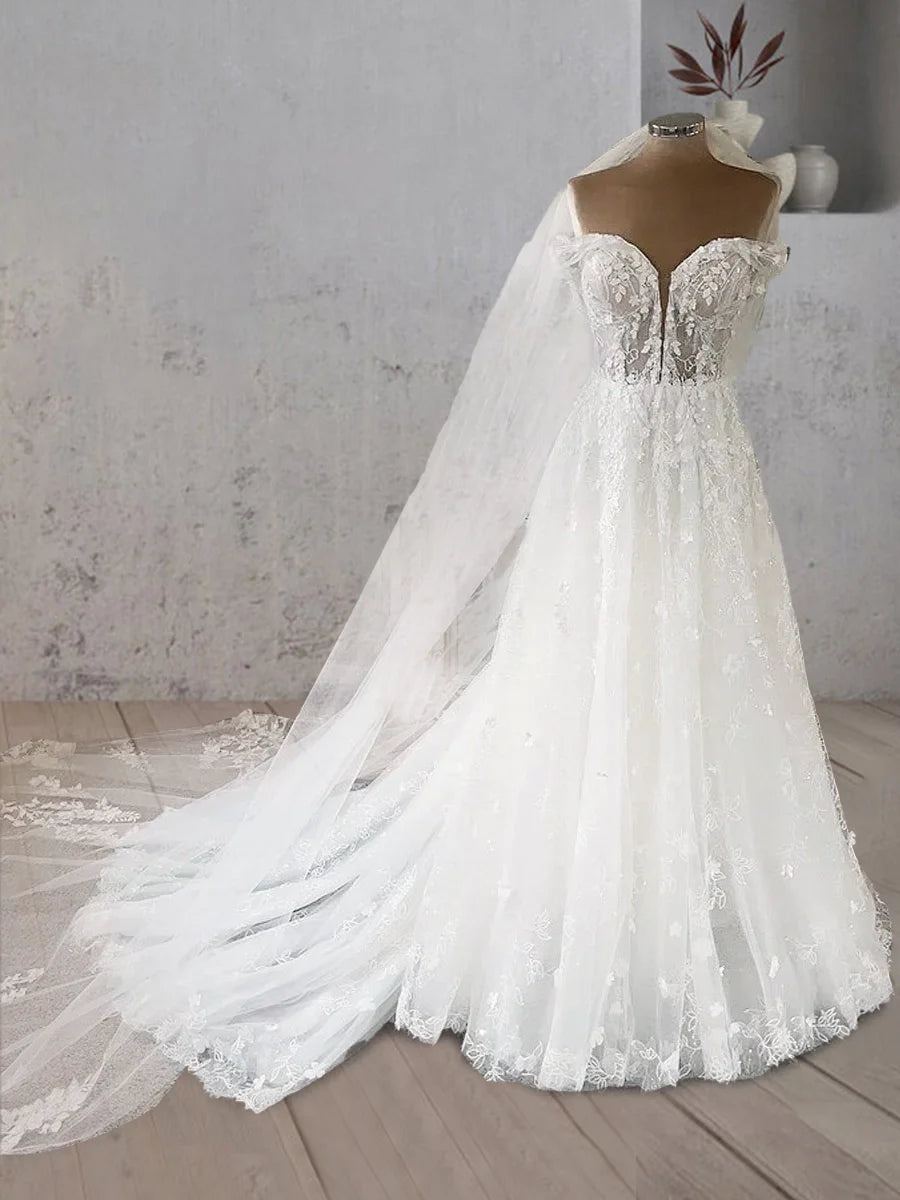 Sweetheart Off the Shoulder A-Line Tulle Lace Applique With Tulle Train Wedding Dress