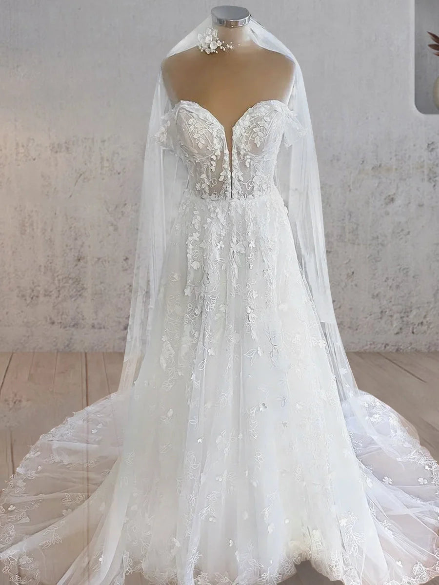 Sweetheart Off the Shoulder A-Line Tulle Lace Applique With Tulle Train Wedding Dress