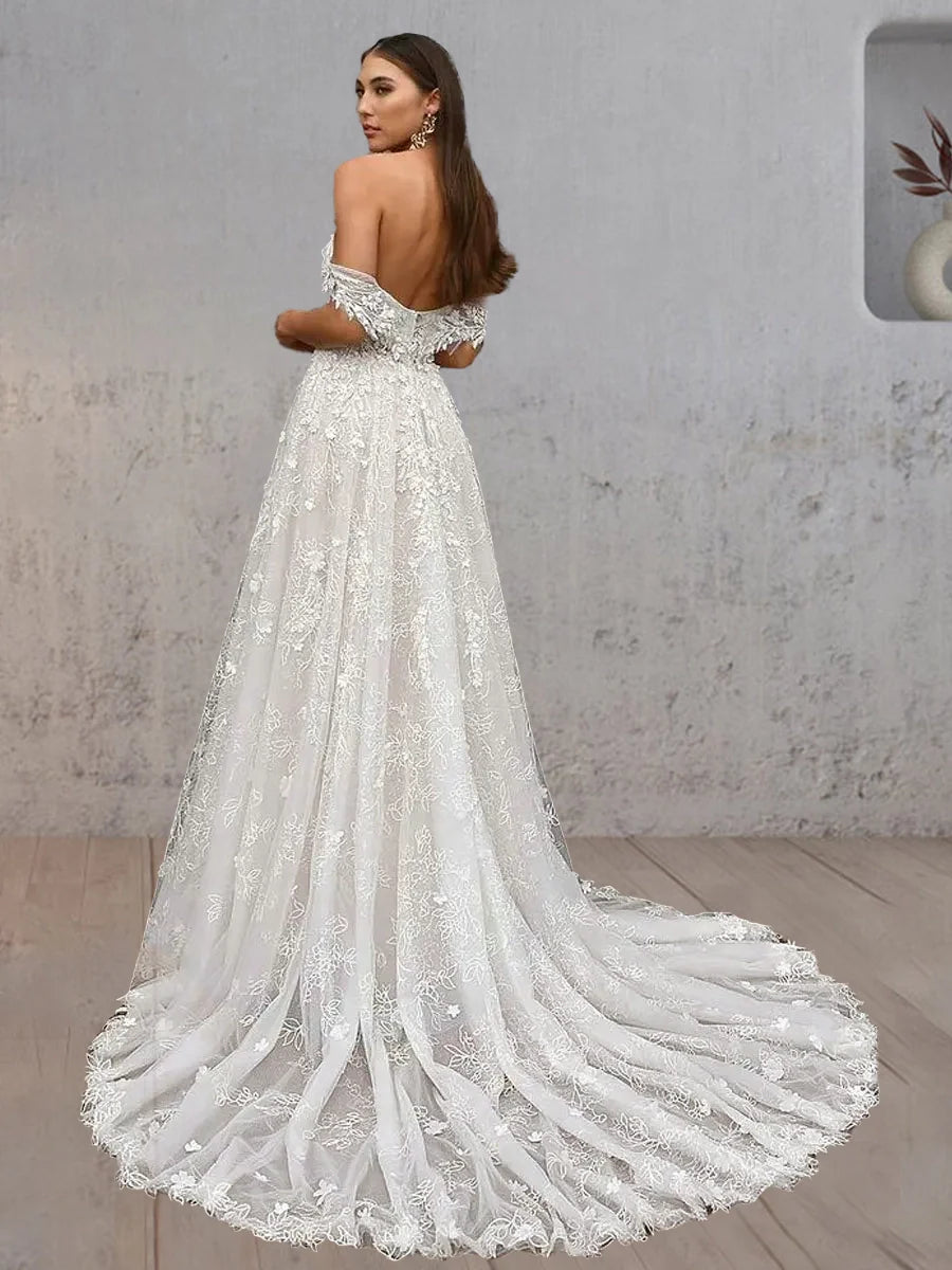 Sweetheart Off the Shoulder A-Line Tulle Lace Applique With Tulle Train Wedding Dress