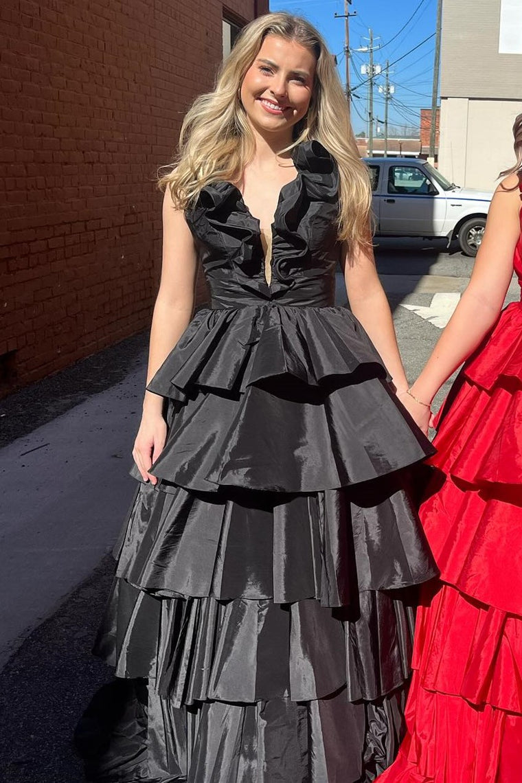 Halter Red Ruffle Tiered A-Line Prom Dress