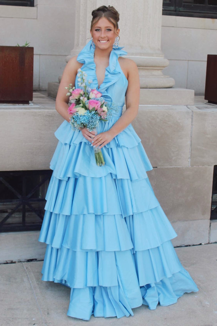 Halter Red Ruffle Tiered A-Line Prom Dress