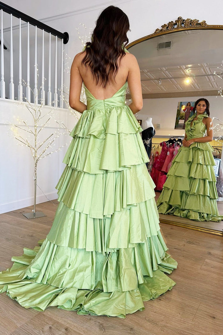 Halter Red Ruffle Tiered A-Line Prom Dress