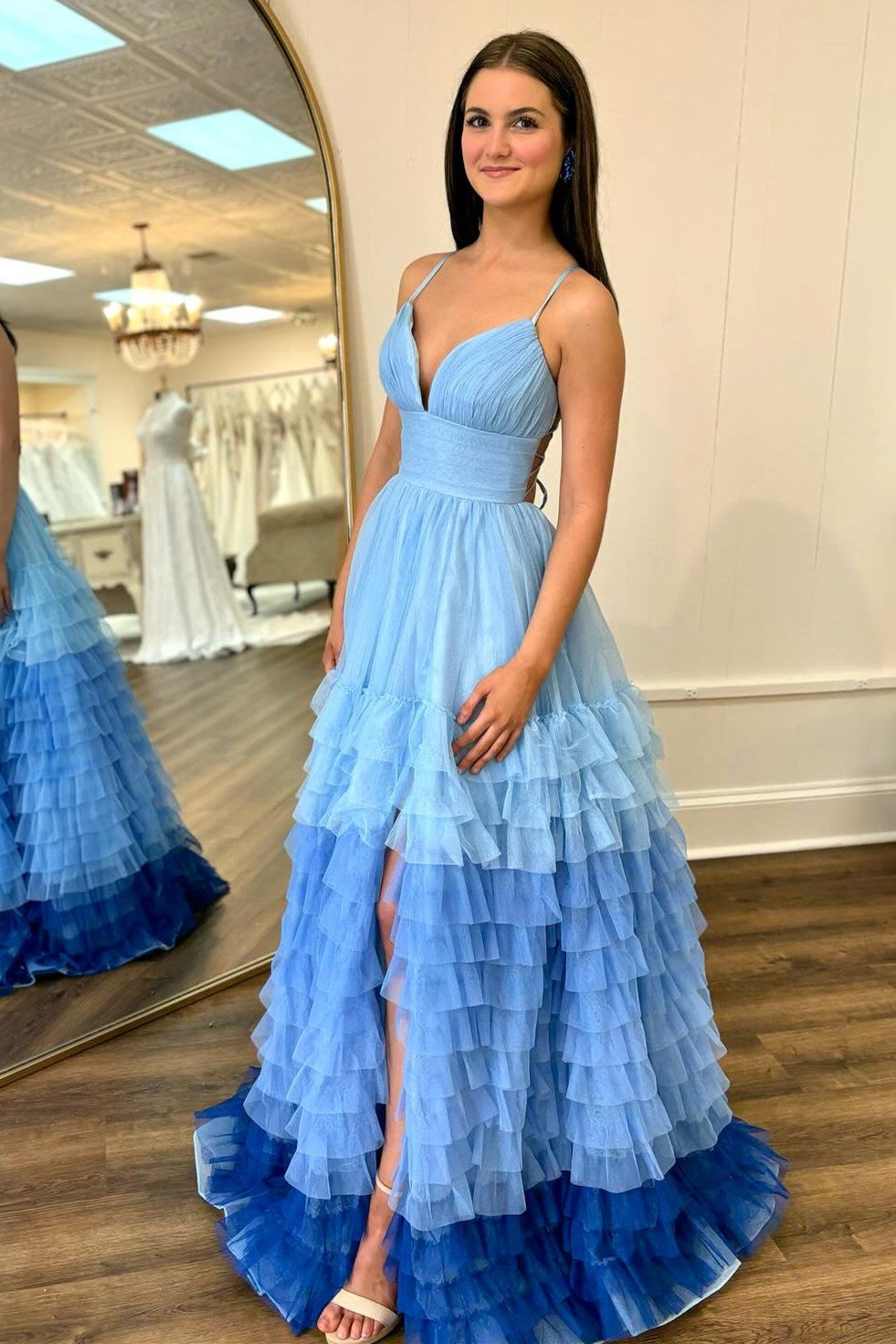 V-Neck Ruffle Tiered Prom Dress in Lavender and Purple Ombre