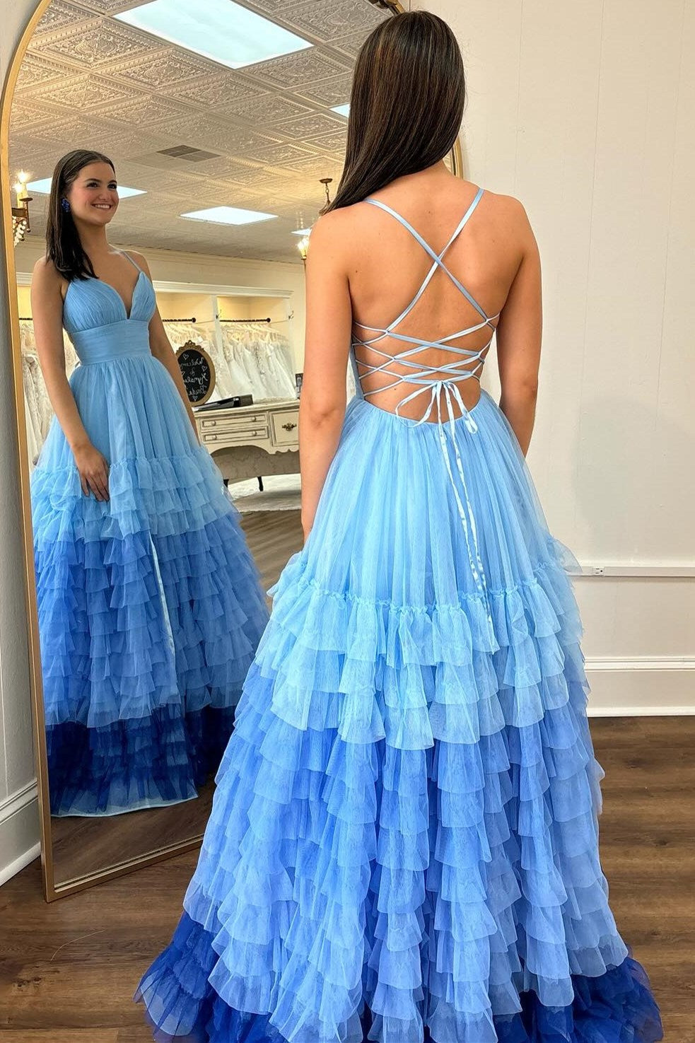 V-Neck Ruffle Tiered Prom Dress in Lavender and Purple Ombre