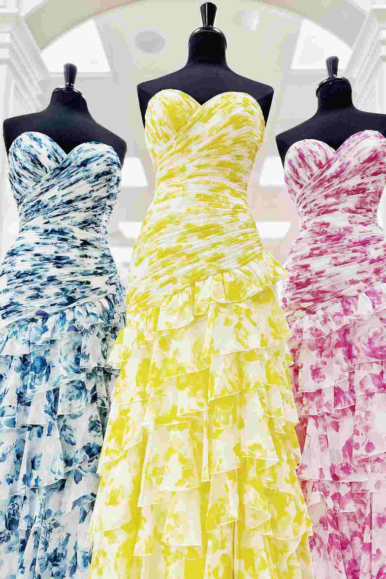 Mermaid Sweetheart Printed Chiffon Long Prom Dresses with Slit