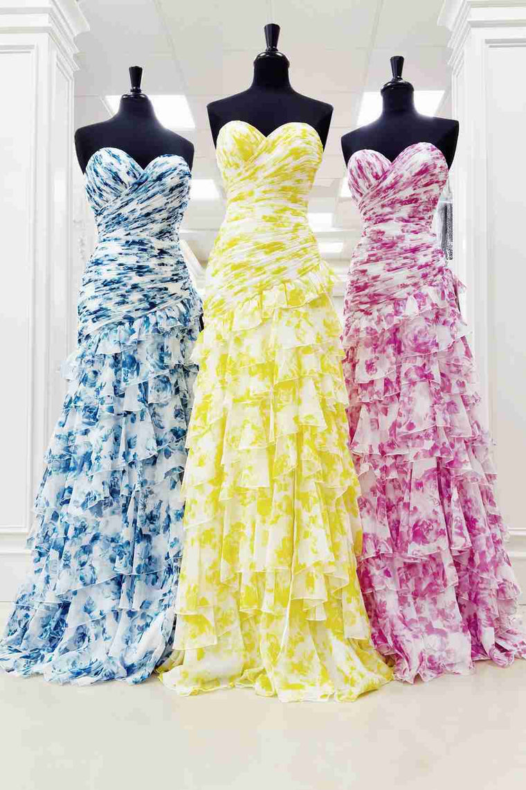 Mermaid Sweetheart Printed Chiffon Long Prom Dresses with Slit