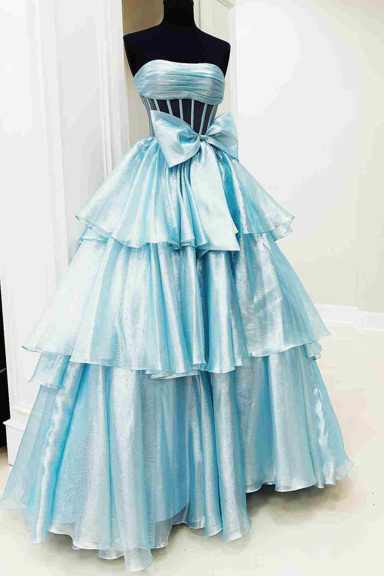 Ball Gown Strapless Organza Long Prom Dresses with Bow