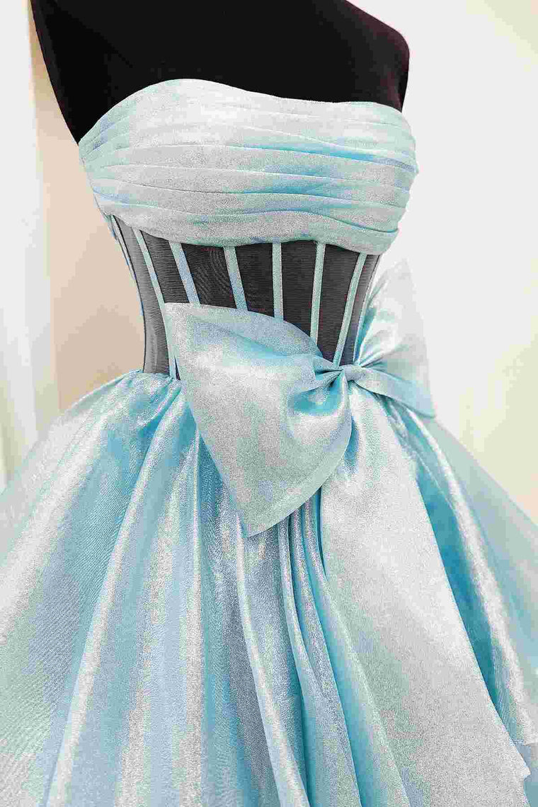 Ball Gown Strapless Organza Long Prom Dresses with Bow