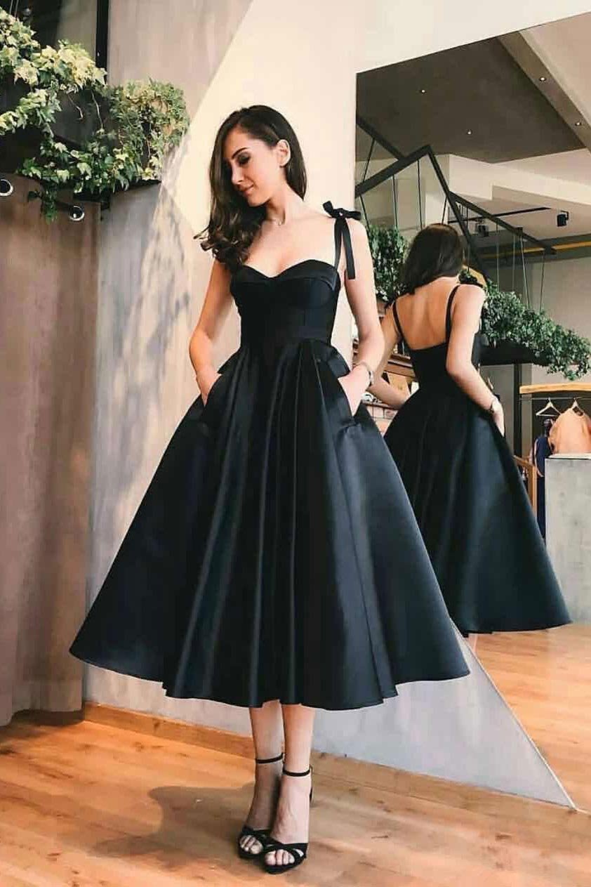 Tea length black dresses sales
